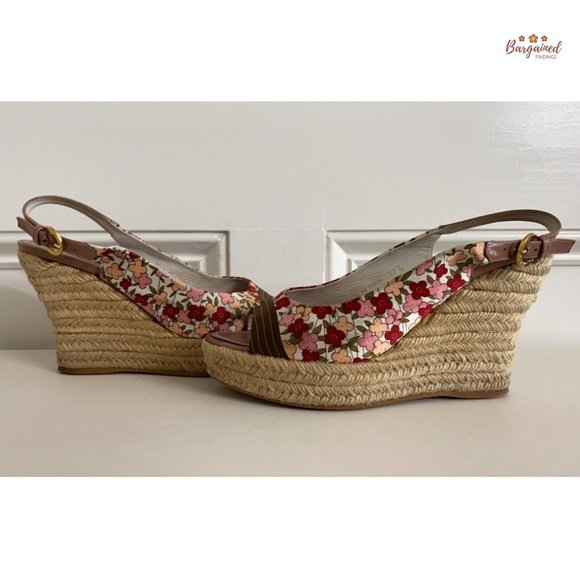 Auth LOUIS VUITTON Floral Satin Fabric Patent Ankle Strap Espadrille Wedge 7.5 - Picture 3 of 15